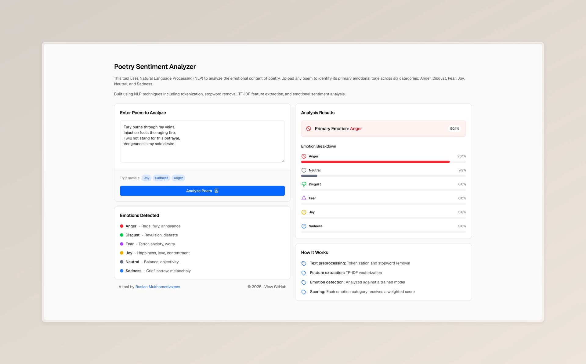 Screenshot of Poetry Sentiment Analysis - A web application that analyzes the emotional content of poetry using Natural Language Processing (NLP) techniques.