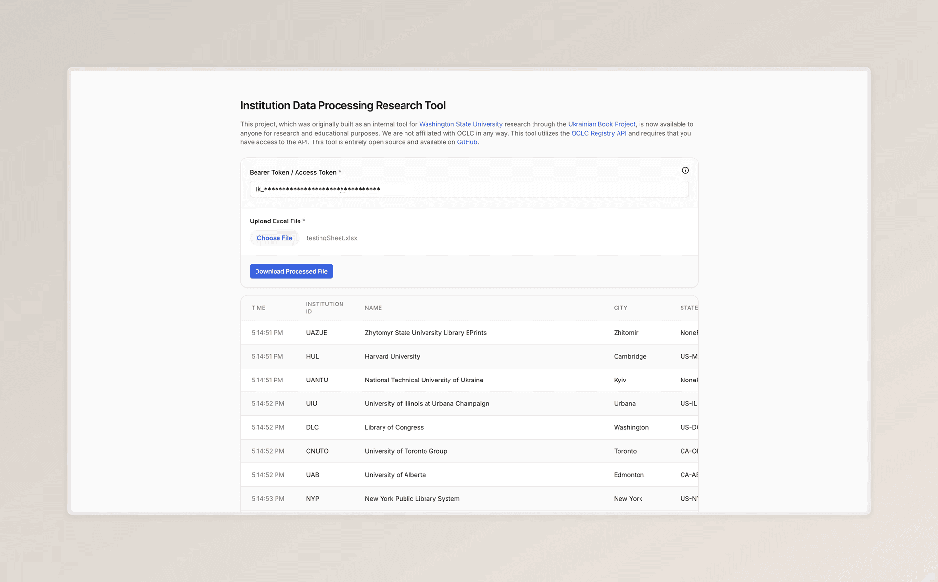Screenshot of Research Data Tool - This tool utilizes the OCLC Registry API and requires that you have access to the API. This tool is entirely open source and available on GitHub.