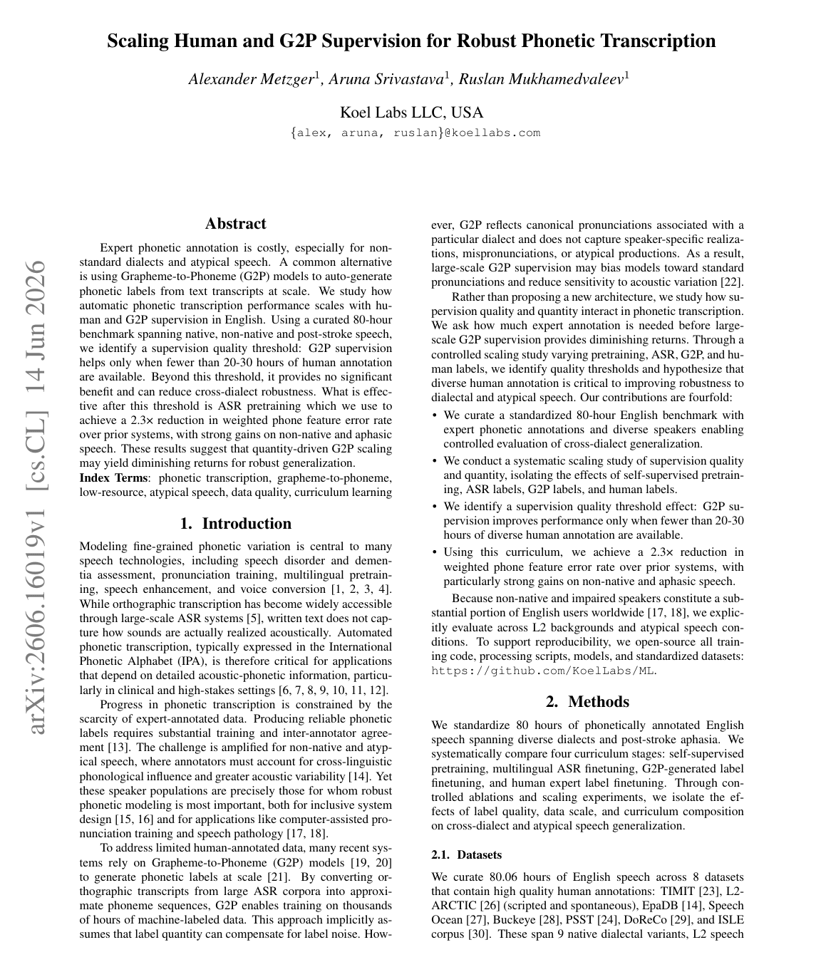 The first page of the paper called 'Scaling Human and G2P Supervision for Robust Phonetic Transcription'